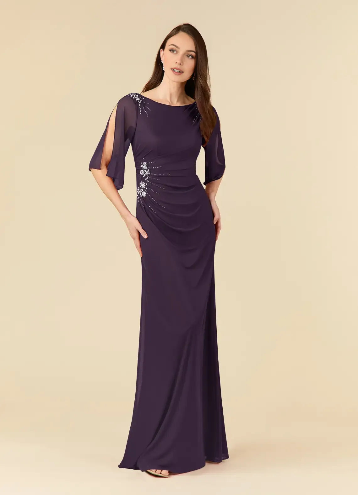 Fashionable Sheath Boat Neck Half Sleeve Sequins Beaded Draped-Back Back Zip Floor-Length Mother of the Bride Dress