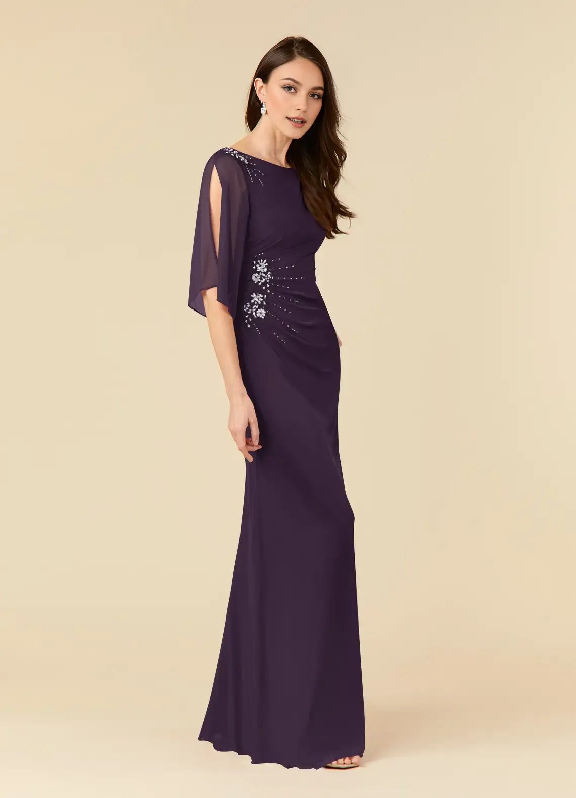 Fashionable Sheath Boat Neck Half Sleeve Sequins Beaded Draped-Back Back Zip Floor-Length Mother of the Bride Dress
