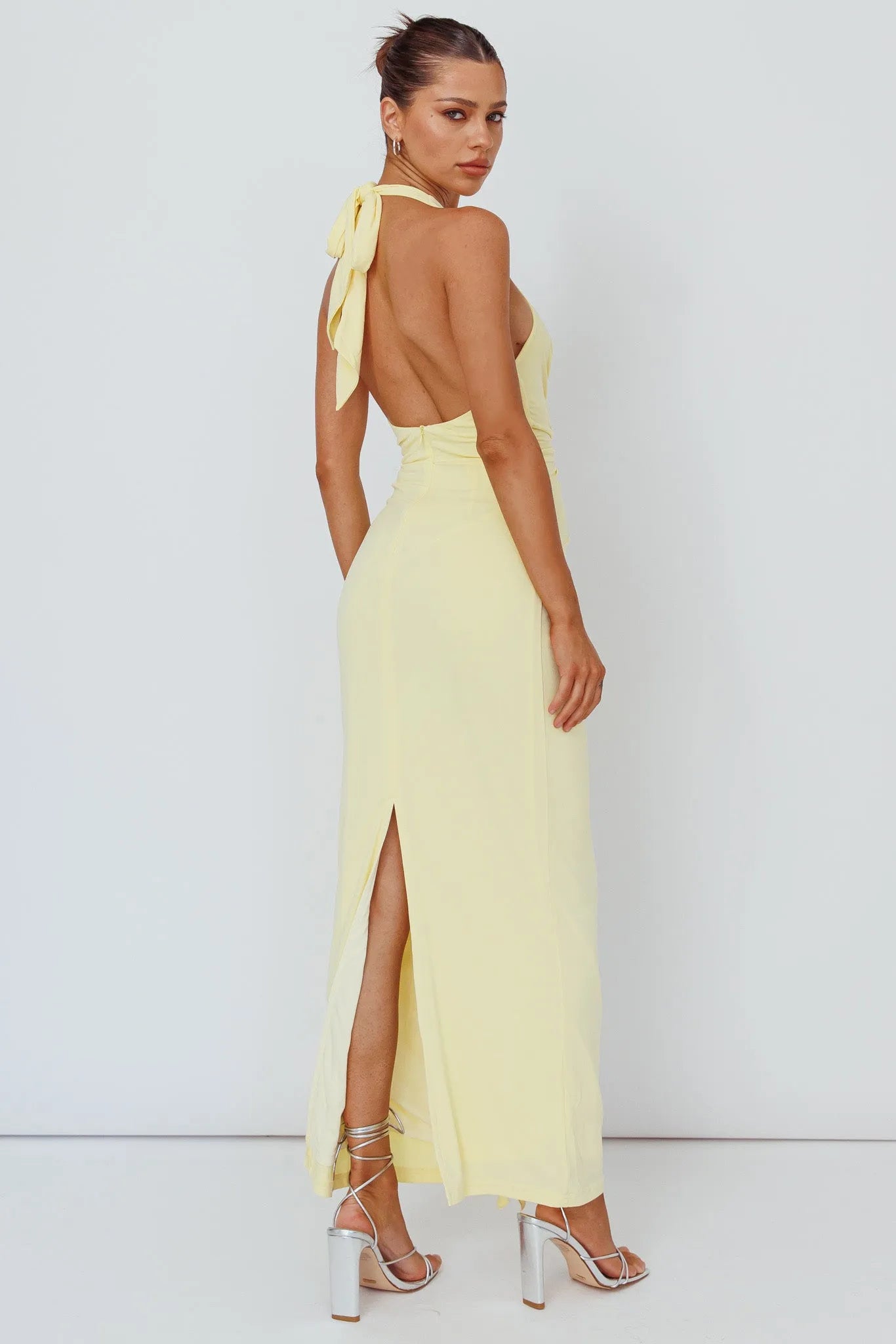 Fashionable Sheath Halter Neck Sleeveless Ruched Tie-Back Ankle-Length Split in back hem Prom Dresses