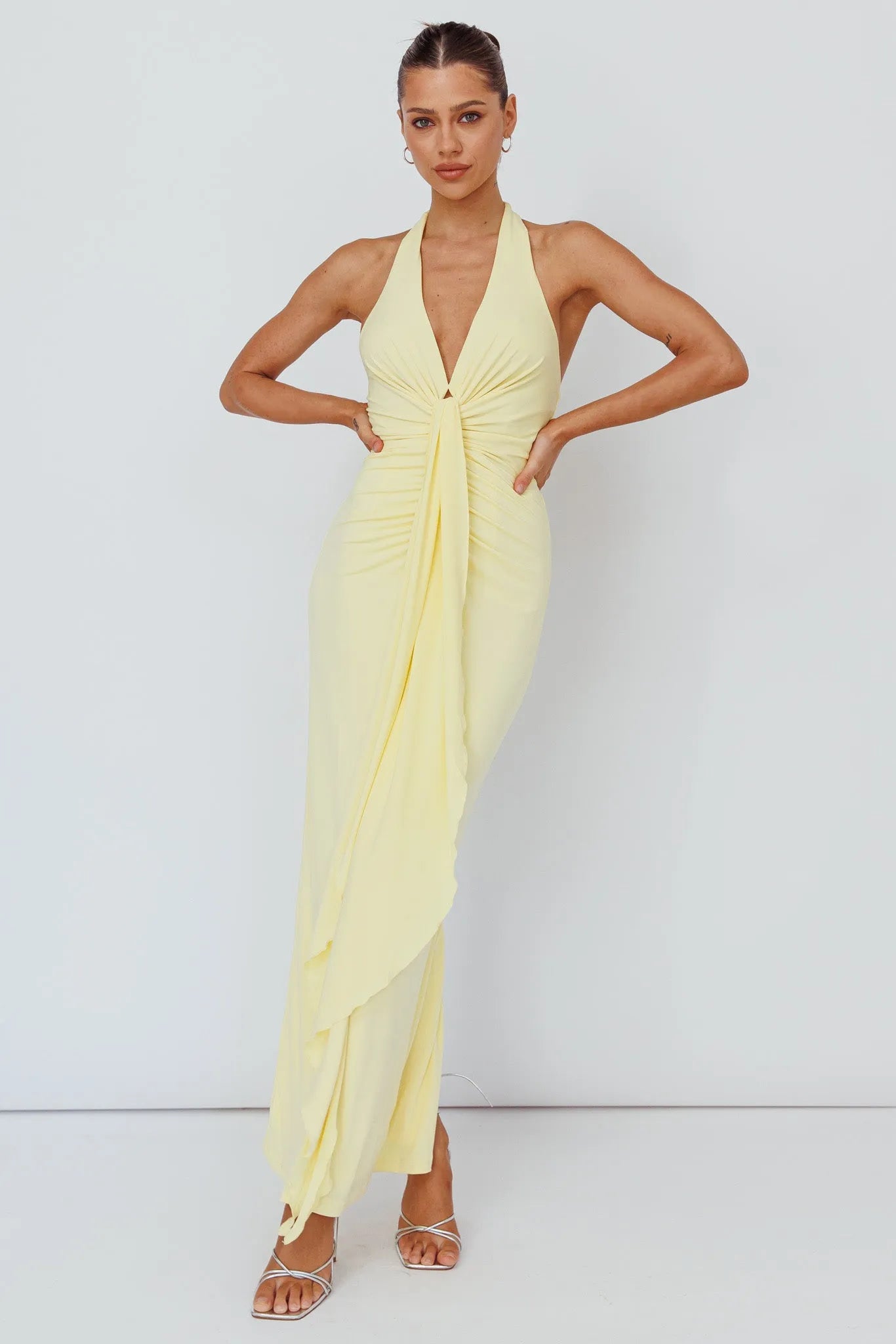 Fashionable Sheath Halter Neck Sleeveless Ruched Tie-Back Ankle-Length Split in back hem Prom Dresses