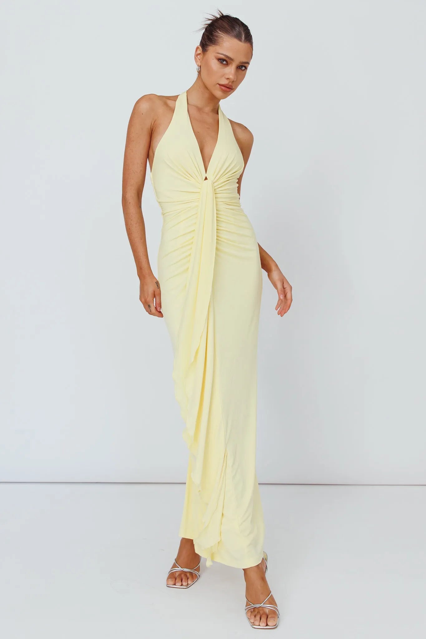 Fashionable Sheath Halter Neck Sleeveless Ruched Tie-Back Ankle-Length Split in back hem Prom Dresses