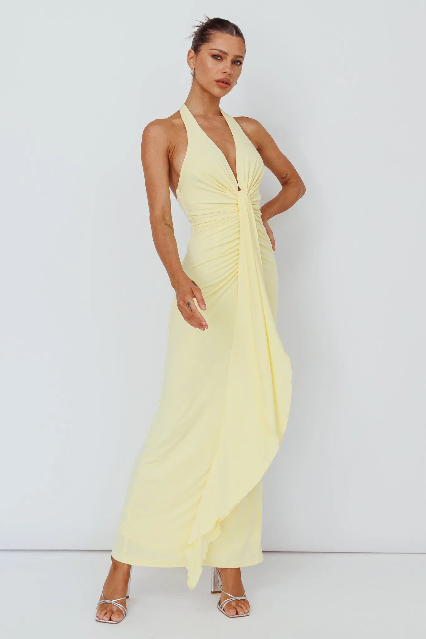 Fashionable Sheath Halter Neck Sleeveless Ruched Tie-Back Ankle-Length Split in back hem Prom Dresses