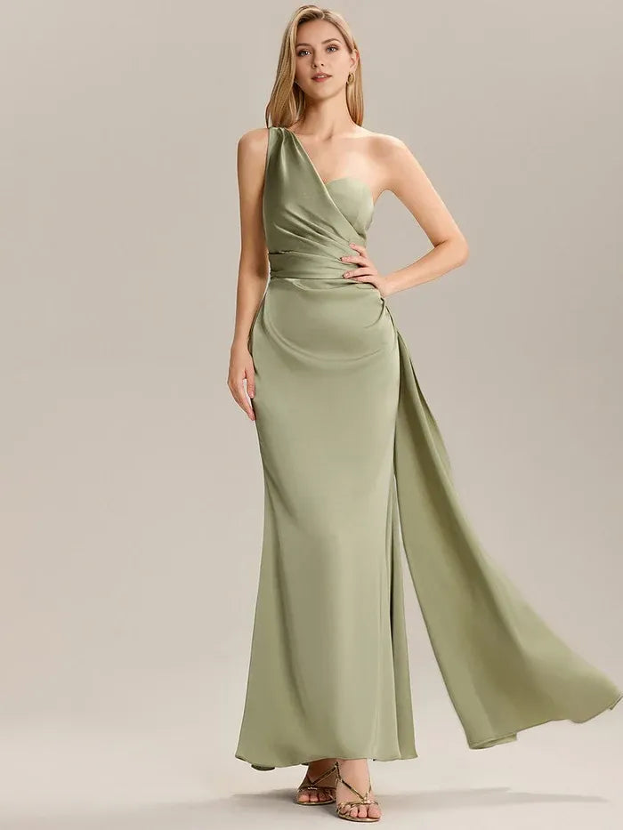 Fashionable Sheath Satin One-Shoulder Sleeveless Ribbons Pleated Back Zip Floor-Length Prom Dresses