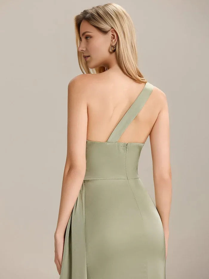 Fashionable Sheath Satin One-Shoulder Sleeveless Ribbons Pleated Back Zip Floor-Length Prom Dresses