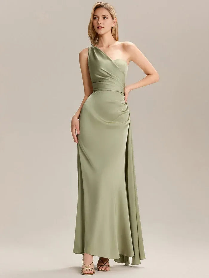 Fashionable Sheath Satin One-Shoulder Sleeveless Ribbons Pleated Back Zip Floor-Length Prom Dresses