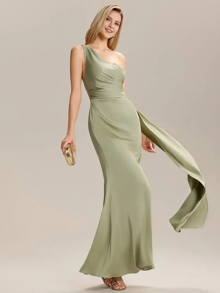 Fashionable Sheath Satin One-Shoulder Sleeveless Ribbons Pleated Back Zip Floor-Length Prom Dresses