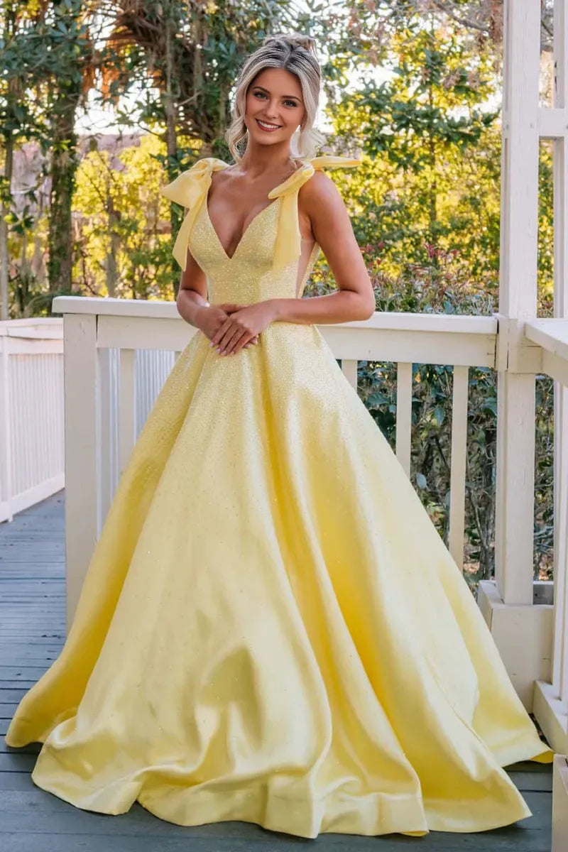 Fashionable Yellow A-Line Plunging V-Neck Bow-Shoulder Beaded Back Zip Floor-Length Prom Dresses Hot Sale