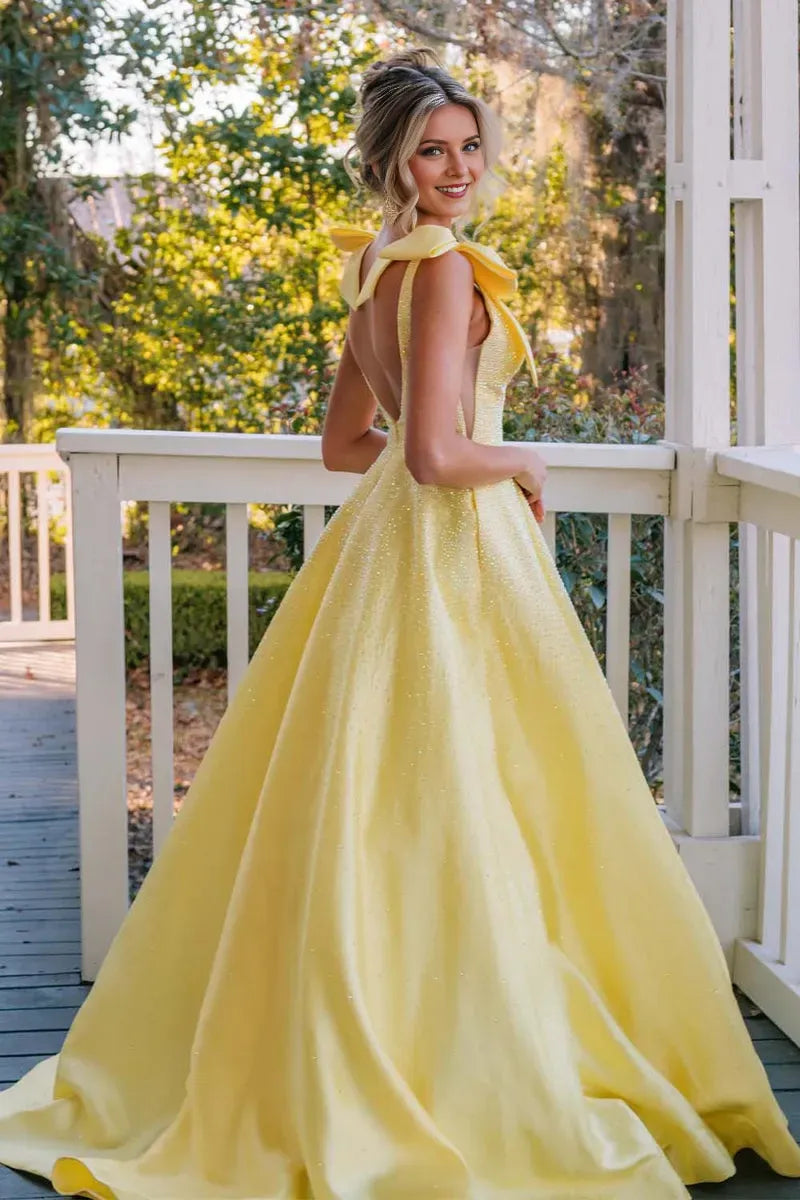 Fashionable Yellow A-Line Plunging V-Neck Bow-Shoulder Beaded Back Zip Floor-Length Prom Dresses Hot Sale