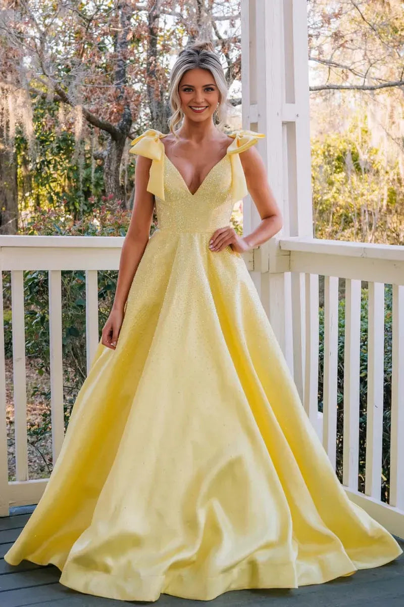 Fashionable Yellow A-Line Plunging V-Neck Bow-Shoulder Beaded Back Zip Floor-Length Prom Dresses Hot Sale