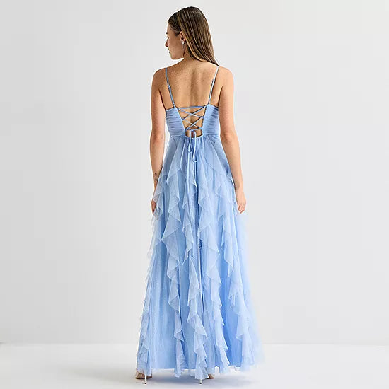 Flowy A-Line Sweetheart Neck Spaghetti Strap Criss Cross Back Floor Length Prom Dress