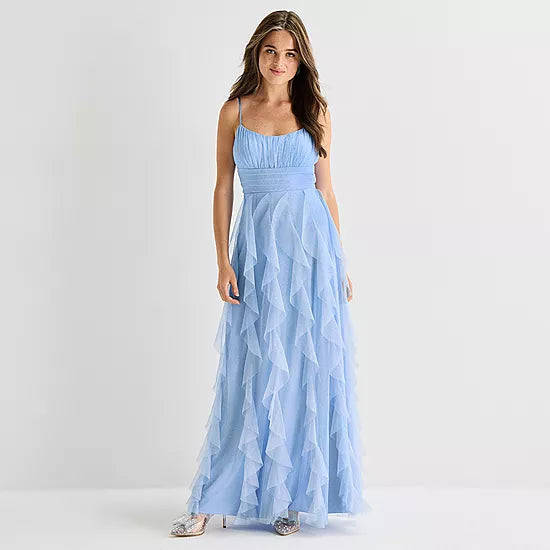 Flowy A-Line Sweetheart Neck Spaghetti Strap Criss Cross Back Floor Length Prom Dress