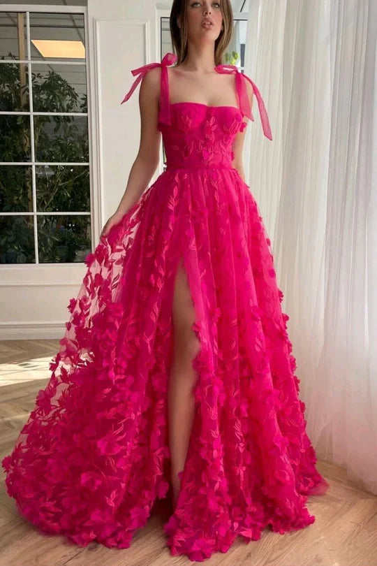 Fuchsia 3D Floral Applique Tulle Maxi Dress with Tie Straps & Lace-Up Back