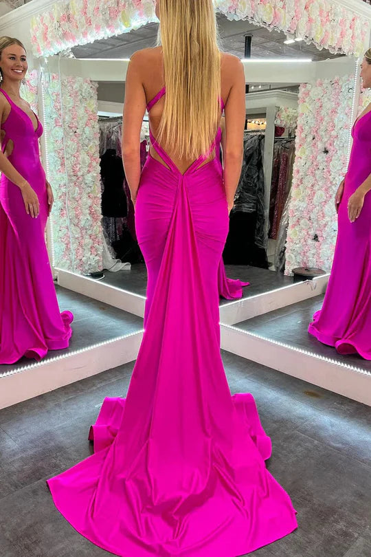 Fuchsia Satin Halter Mermaid Prom Dress with Stunning Open Back