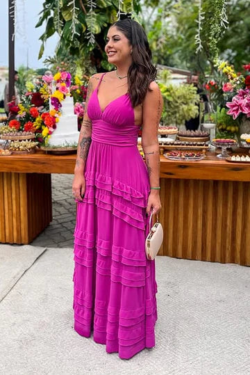 Fuchsia Spaghetti Strap Tiered Ruffle Maxi Dress with Backless Design