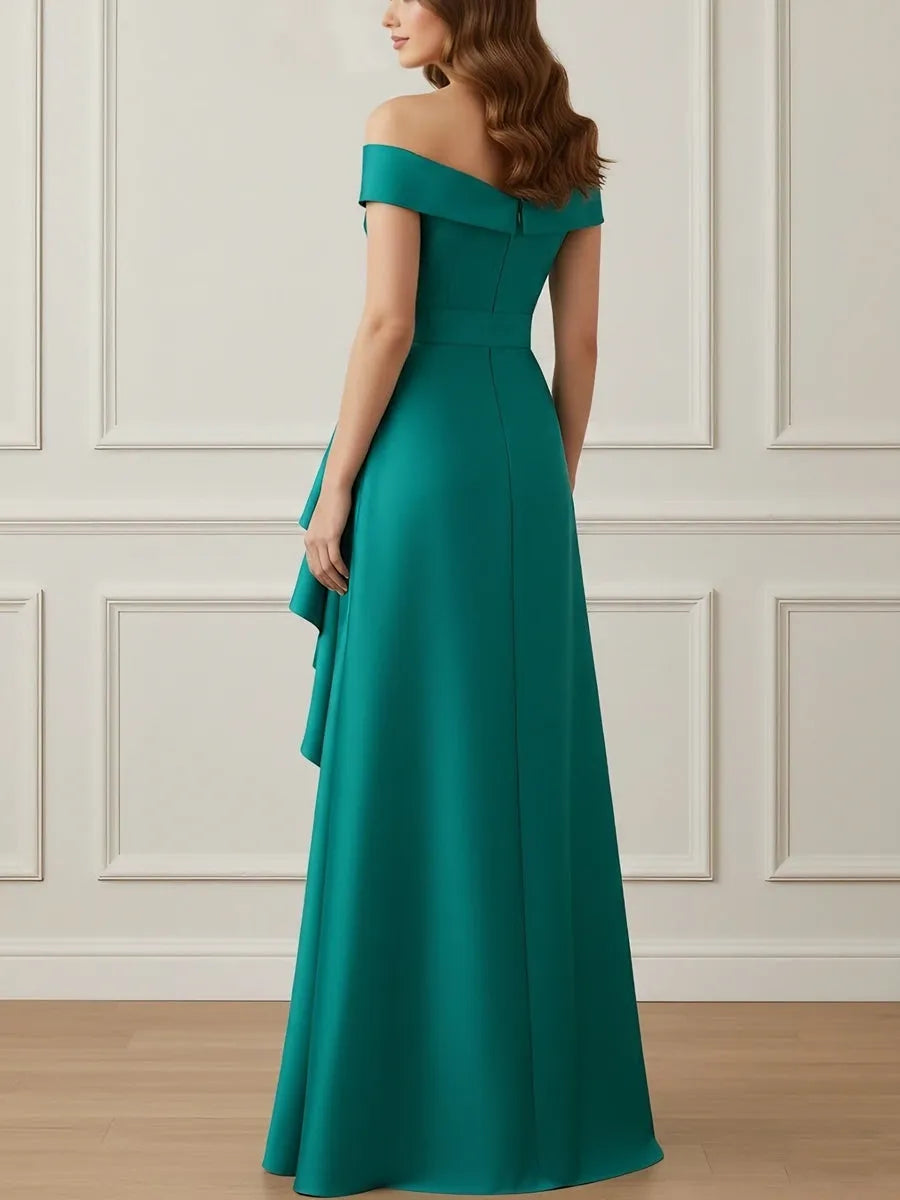 Glam A-Line Off-Shoulder Short-Sleeve Zip-Back Floor-Length Mother of the Bride Dresses