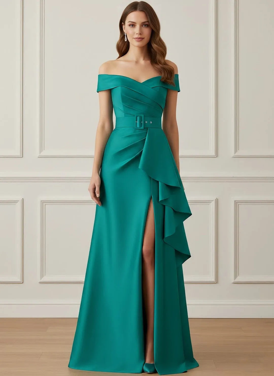 Glam A-Line Off-Shoulder Short-Sleeve Zip-Back Floor-Length Mother of the Bride Dresses