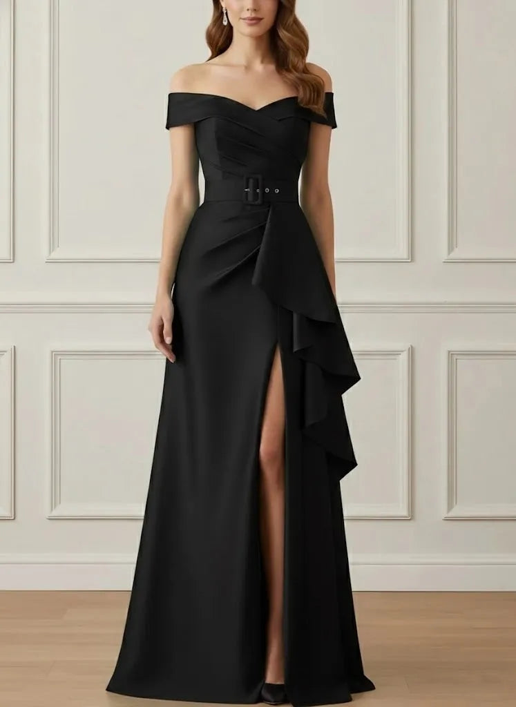 Glam A-Line Off-Shoulder Short-Sleeve Zip-Back Floor-Length Mother of the Bride Dresses