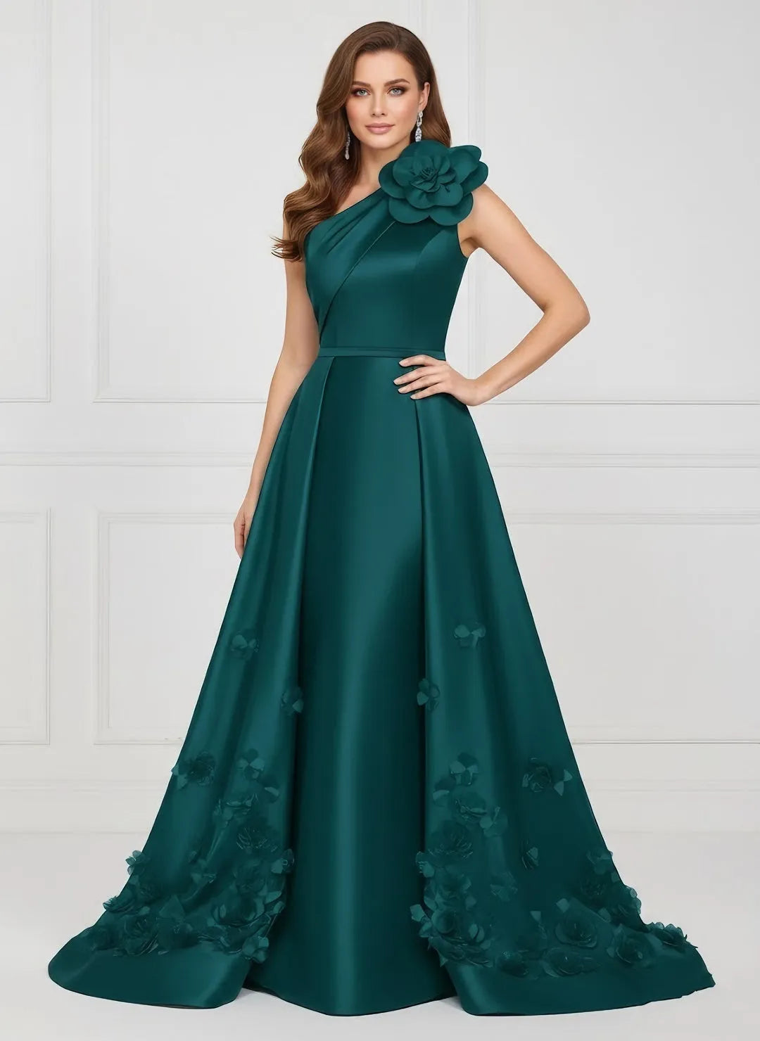 Glam A-Line One-Shoulder Sleeveless Zip-Back Sweep-Train Mother of the Bride Dresses