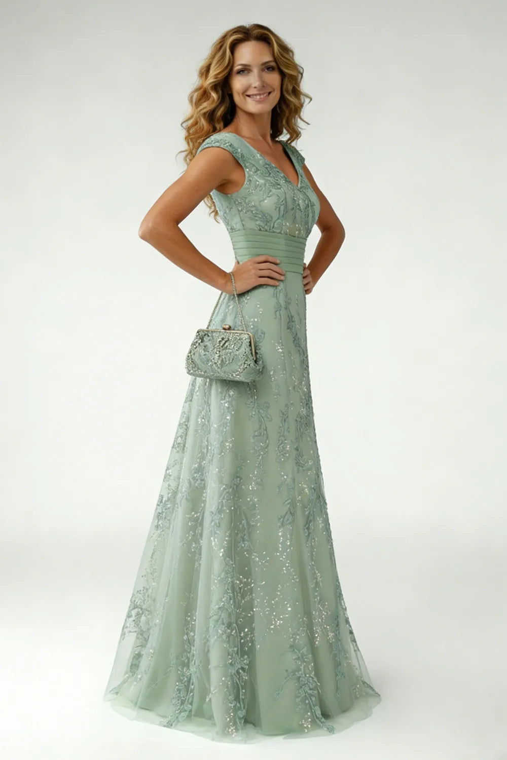 Glam A-Line V-Neck Cap-Sleeve V-Back Floor-Length Mother of the Bride Dresses