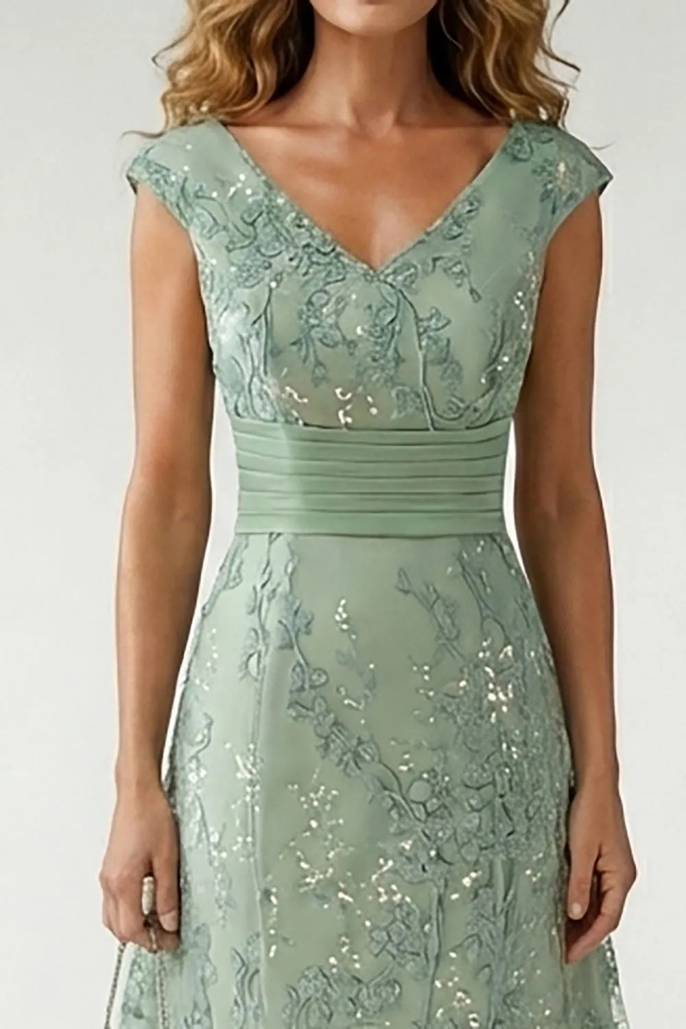 Glam A-Line V-Neck Cap-Sleeve V-Back Floor-Length Mother of the Bride Dresses