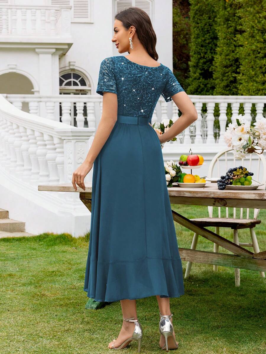 Glam A-Line V-Neck Short-Sleeve Zip-Back High-Low Mother of the Bride Dresses