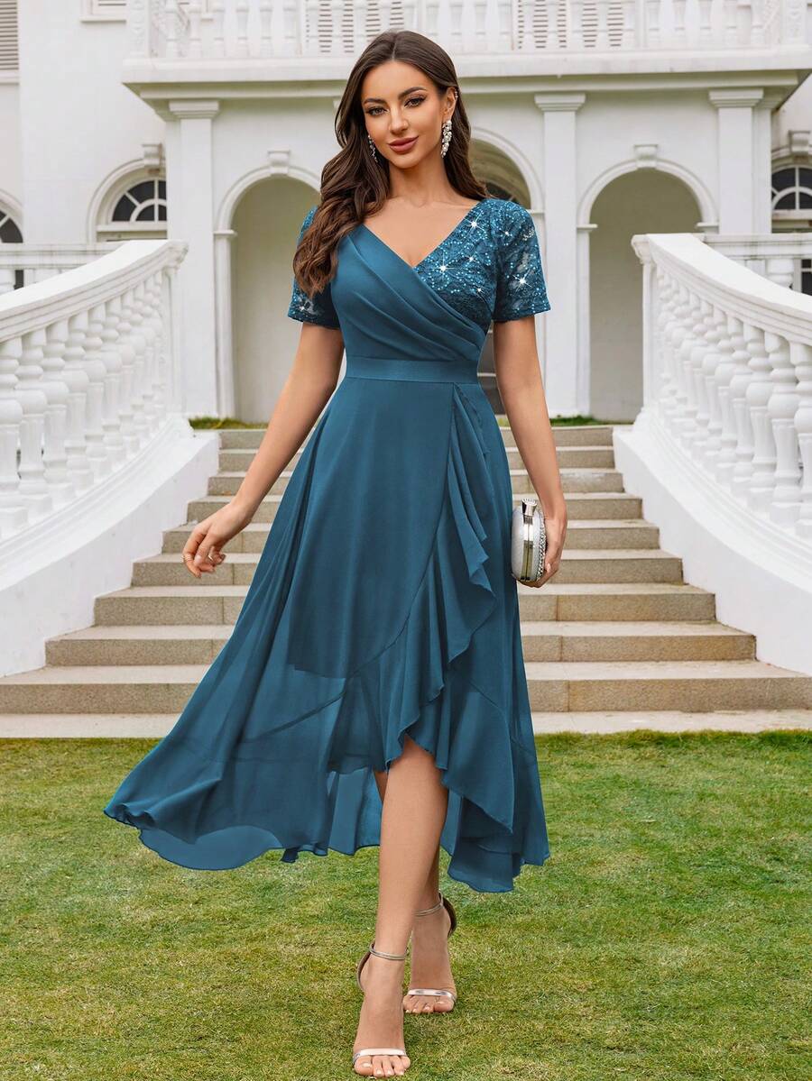 Glam A-Line V-Neck Short-Sleeve Zip-Back High-Low Mother of the Bride Dresses