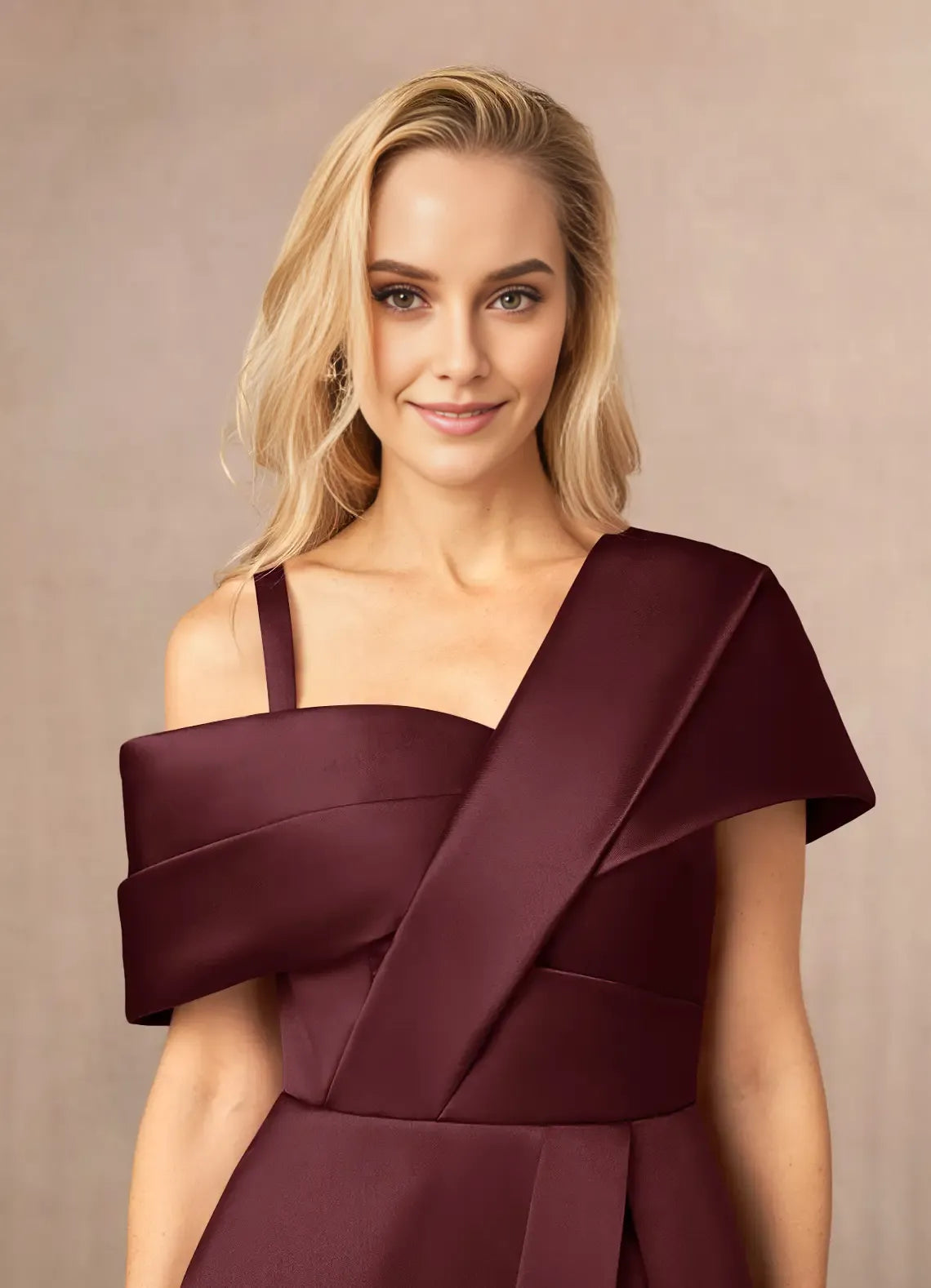 Glamorous A-Line Asymmetrical Neckline Spaghetti Straps Pleated Back Zip High Side Slit Floor-Length Mother of the Bride Dress