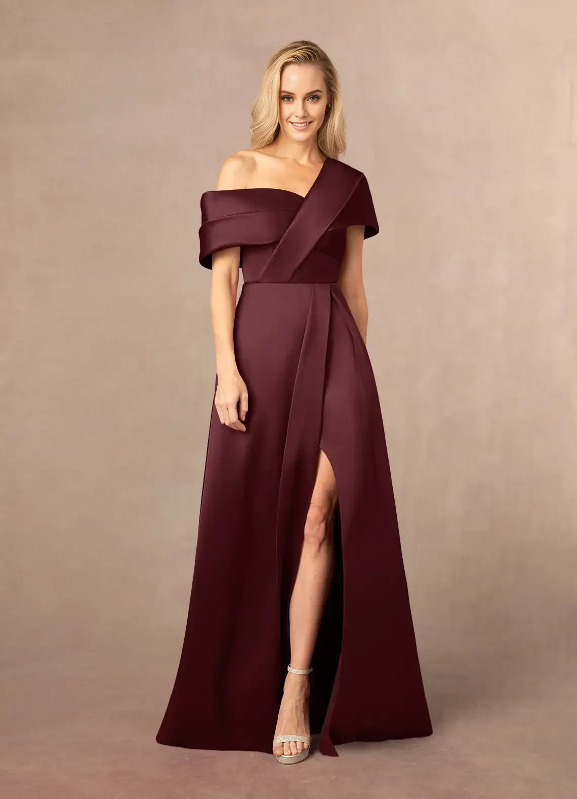 Glamorous A-Line Asymmetrical Neckline Spaghetti Straps Pleated Back Zip High Side Slit Floor-Length Mother of the Bride Dress