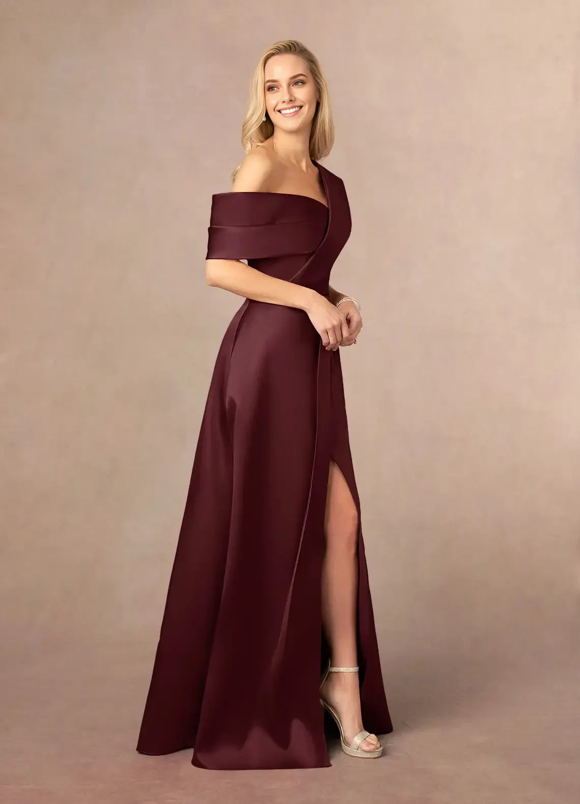 Glamorous A-Line Asymmetrical Neckline Spaghetti Straps Pleated Back Zip High Side Slit Floor-Length Mother of the Bride Dress