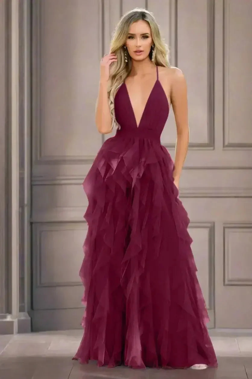 Glamorous A-Line Deep V Neck Spaghetti Strap Cross Back Floor-Length Prom Dresses