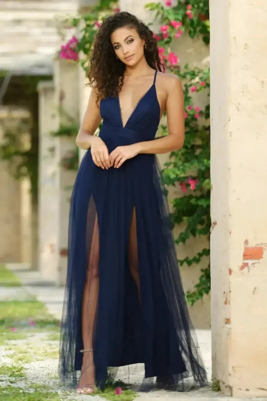 Glamorous A-Line Deep V Neck Spaghetti Strap Cross Back Sheer High-Slit Floor-Length Prom Dresses