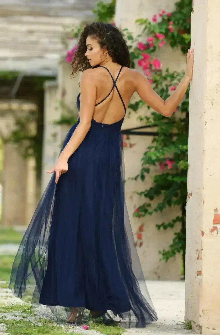 Glamorous A-Line Deep V Neck Spaghetti Strap Cross Back Sheer High-Slit Floor-Length Prom Dresses