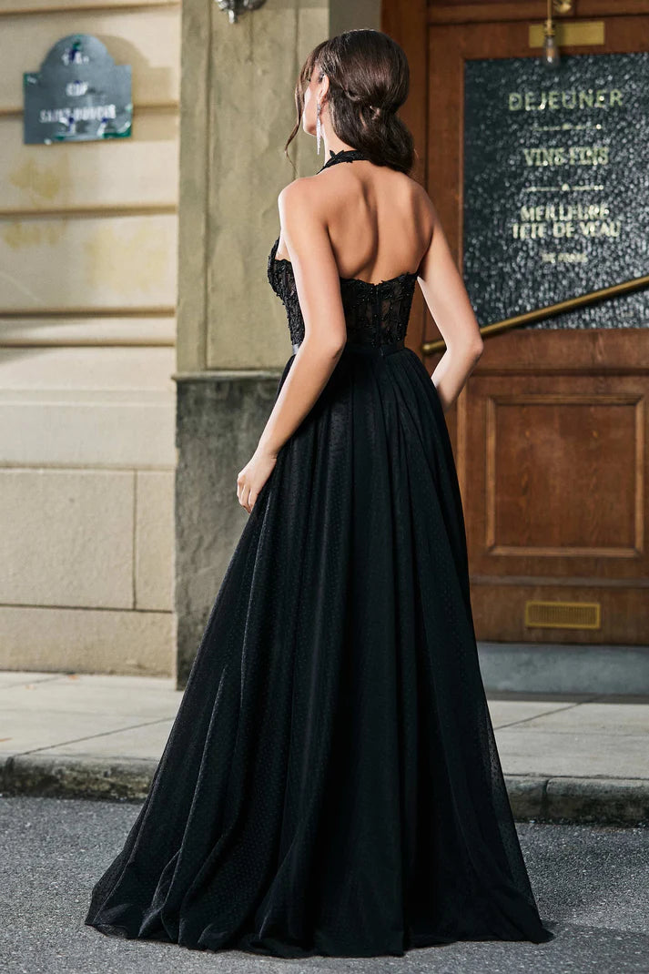 Glamorous A-Line Halter Deep V Sleeveless Open Back Floor-Length Applique Beaded Slit Evening Dress
