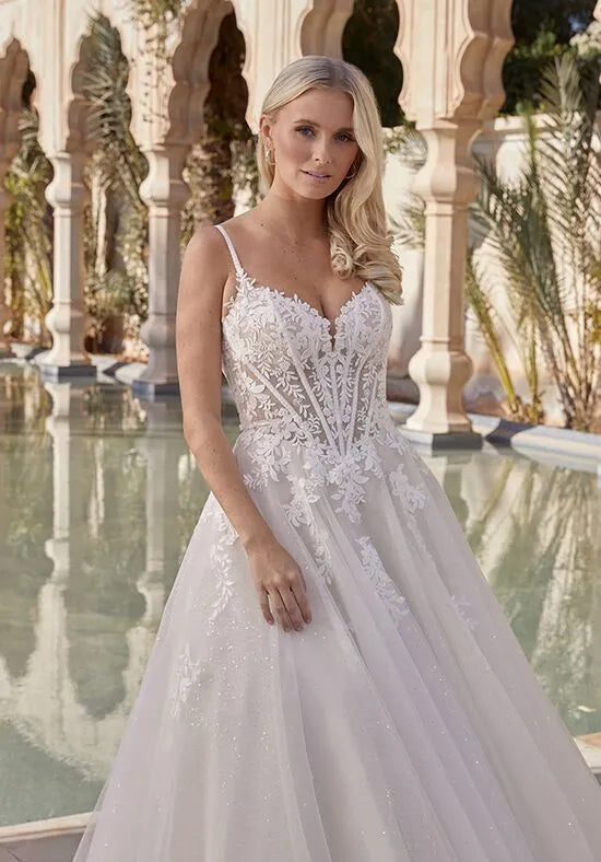 Glamorous A-Line Plunge Neck Spaghetti Strap Lace Back Train Wedding Dresses