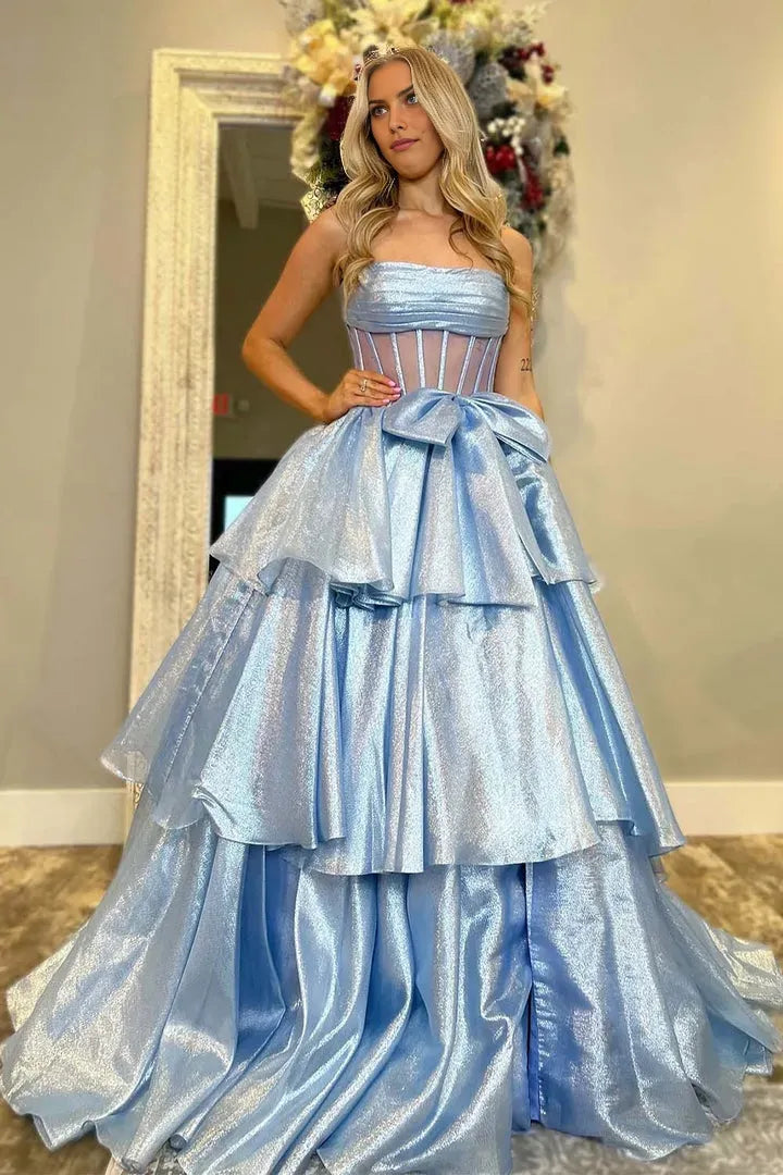 Glamorous A-Line Ruffle Strapless Tulle Corset Back Floor Length Side Leg Slit Prom Dresses hot sale
