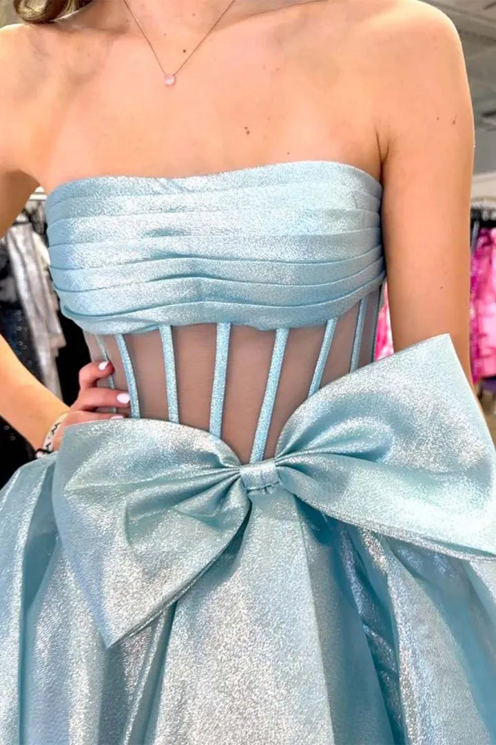 Glamorous A-Line Ruffle Strapless Tulle Corset Back Floor Length Side Leg Slit Prom Dresses hot sale