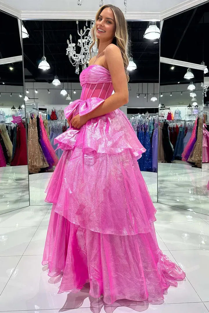 Glamorous A-Line Ruffle Strapless Tulle Corset Back Floor Length Side Leg Slit Prom Dresses hot sale