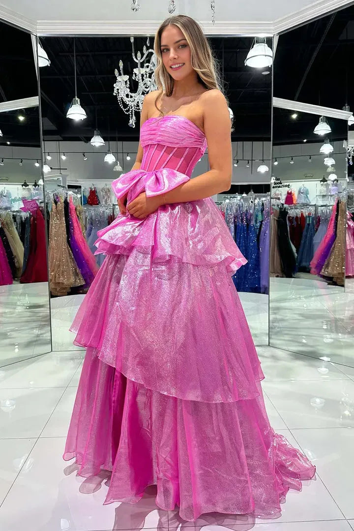 Glamorous A-Line Ruffle Strapless Tulle Corset Back Floor Length Side Leg Slit Prom Dresses hot sale