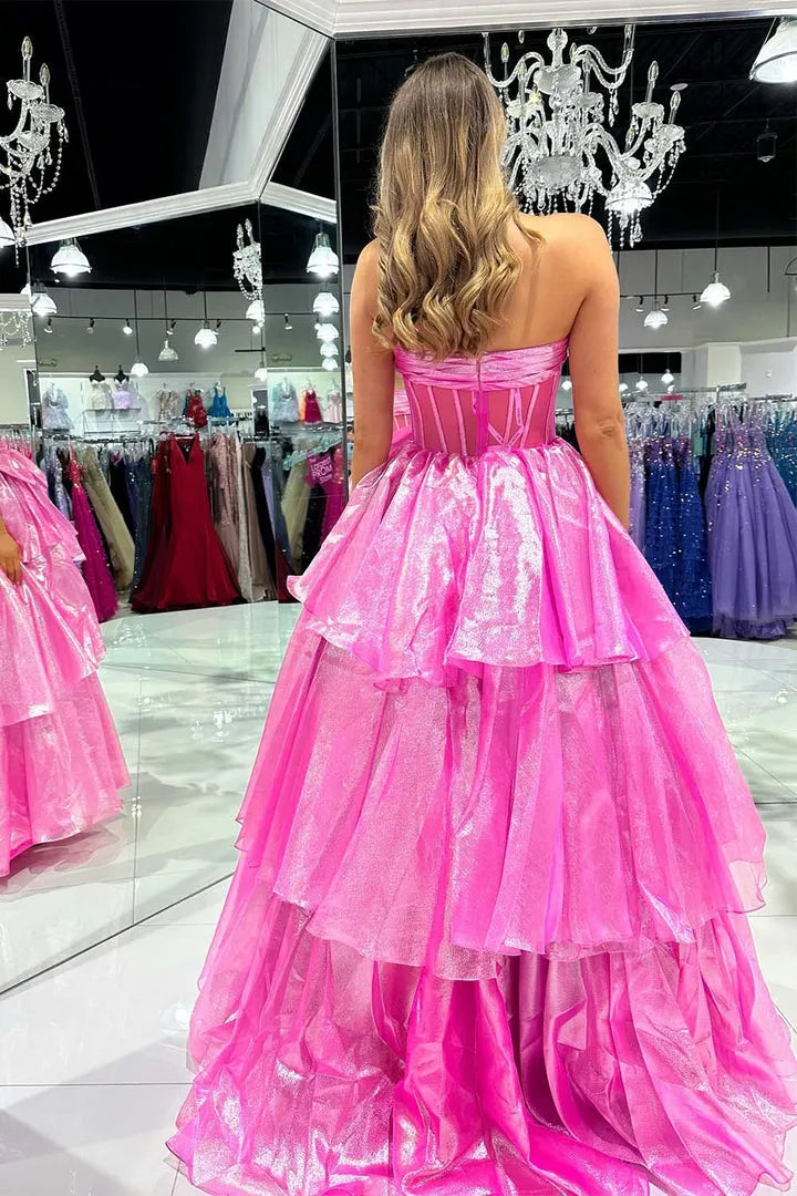 Glamorous A-Line Ruffle Strapless Tulle Corset Back Floor Length Side Leg Slit Prom Dresses hot sale