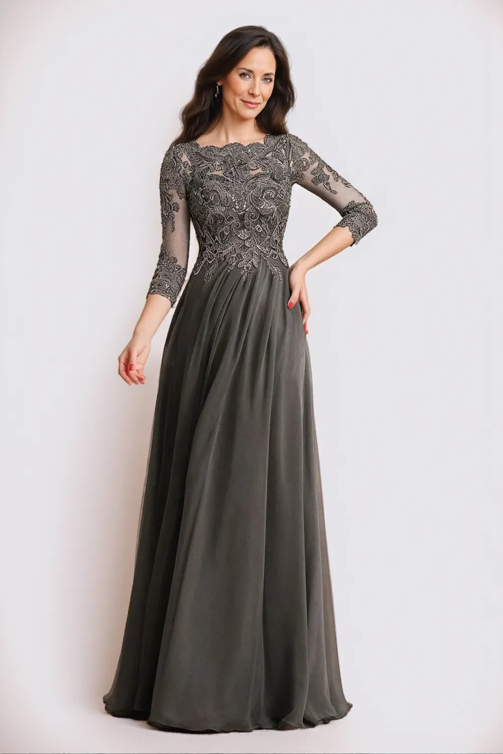 Glamorous A-Line Scoop Neck Three-Quarter Sleeves Embellished Back Floor-Length Mother Of The Bride Dresses