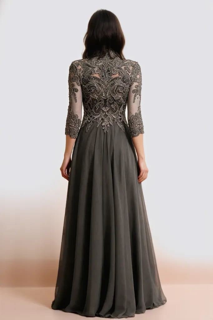 Glamorous A-Line Scoop Neck Three-Quarter Sleeves Embellished Back Floor-Length Mother Of The Bride Dresses