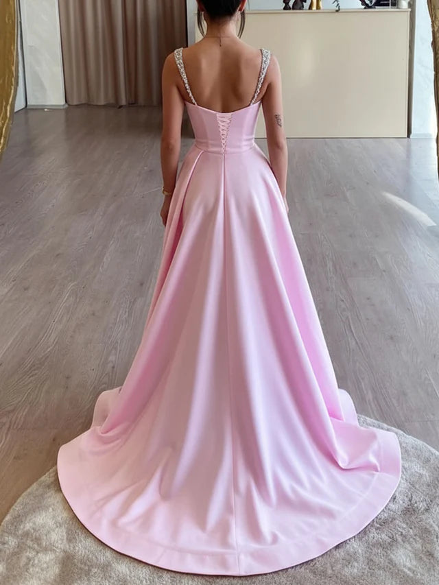 Glamorous A-Line Sweetheart Beaded-Strap Lace-Up-Back Floor-Length Prom Dresses