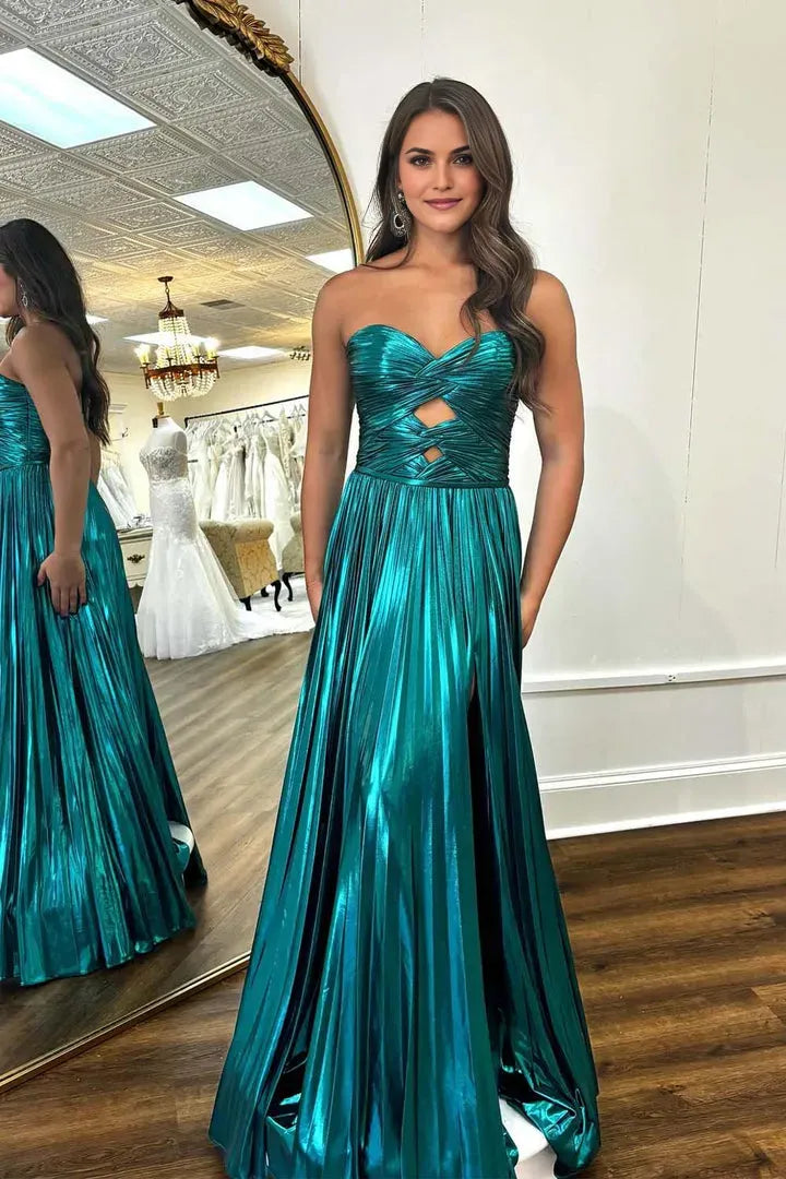 Glamorous A-Line Sweetheart Metallic Sleeveless Cutout Back Zip Floor-Length Prom Dress with Keyholes