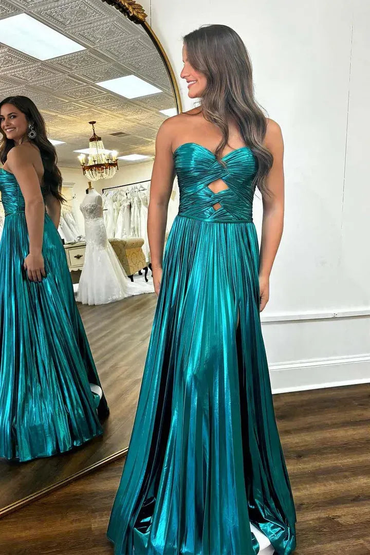 Glamorous A-Line Sweetheart Metallic Sleeveless Cutout Back Zip Floor-Length Prom Dress with Keyholes