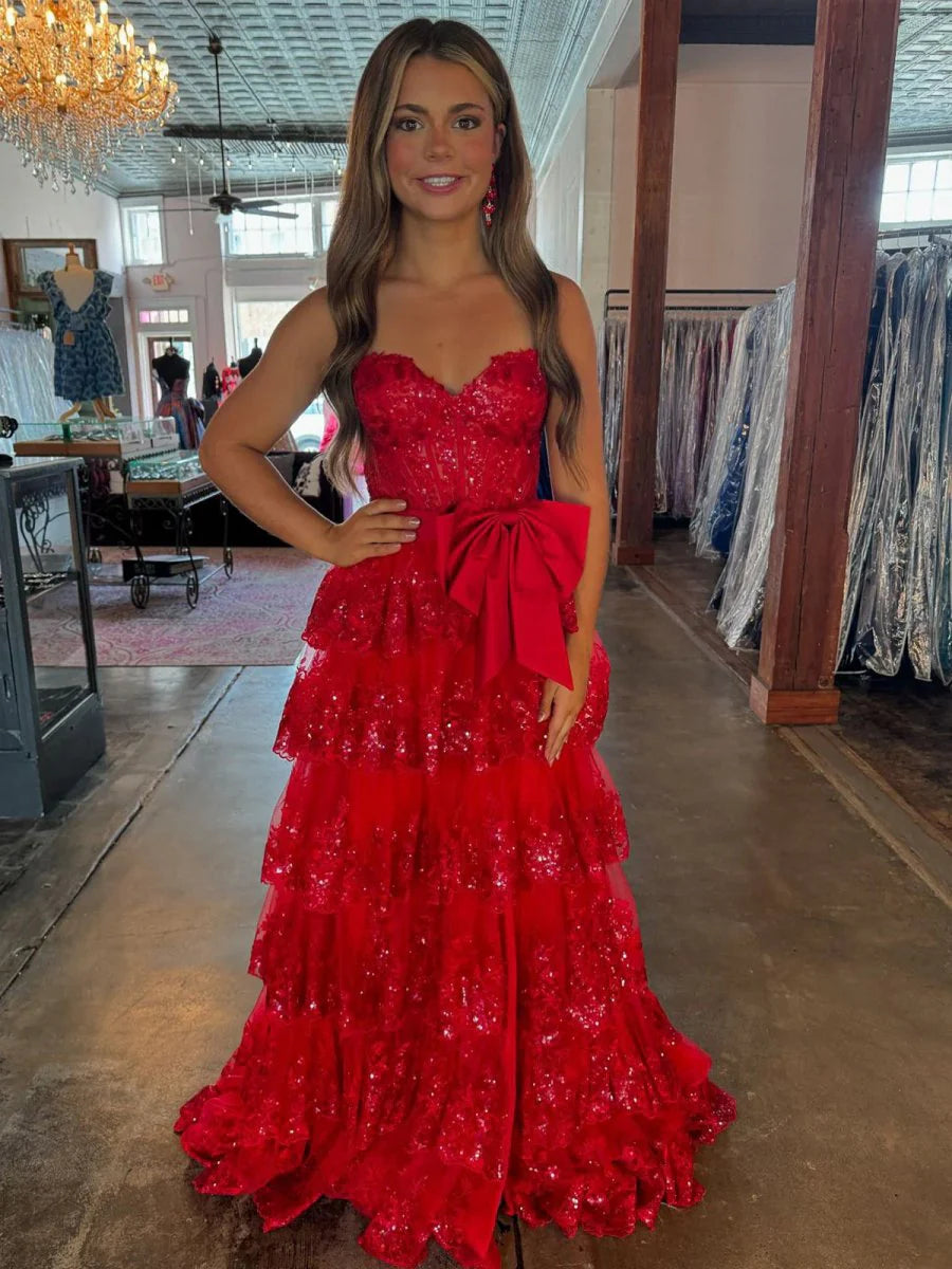 Glamorous A-Line Sweetheart Neck Sleeveless Tiered Sequin Ruffles Lace High-Slit Floor-Length Long Prom Dresses with Bow
