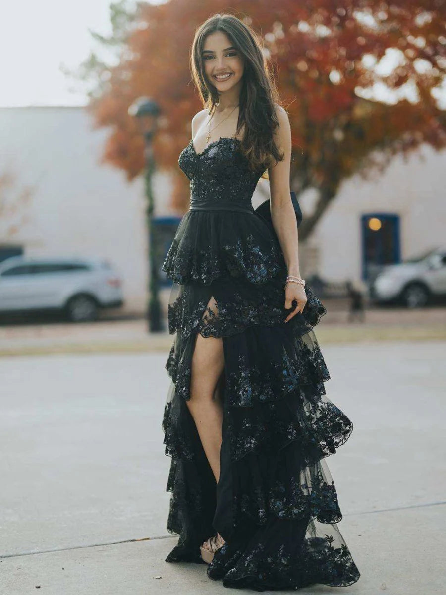 Glamorous A-Line Sweetheart Neck Sleeveless Tiered Sequin Ruffles Lace High-Slit Floor-Length Long Prom Dresses with Bow