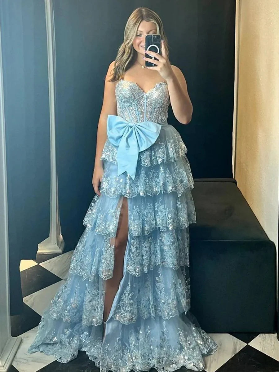 Glamorous A-Line Sweetheart Neck Sleeveless Tiered Sequin Ruffles Lace High-Slit Floor-Length Long Prom Dresses with Bow