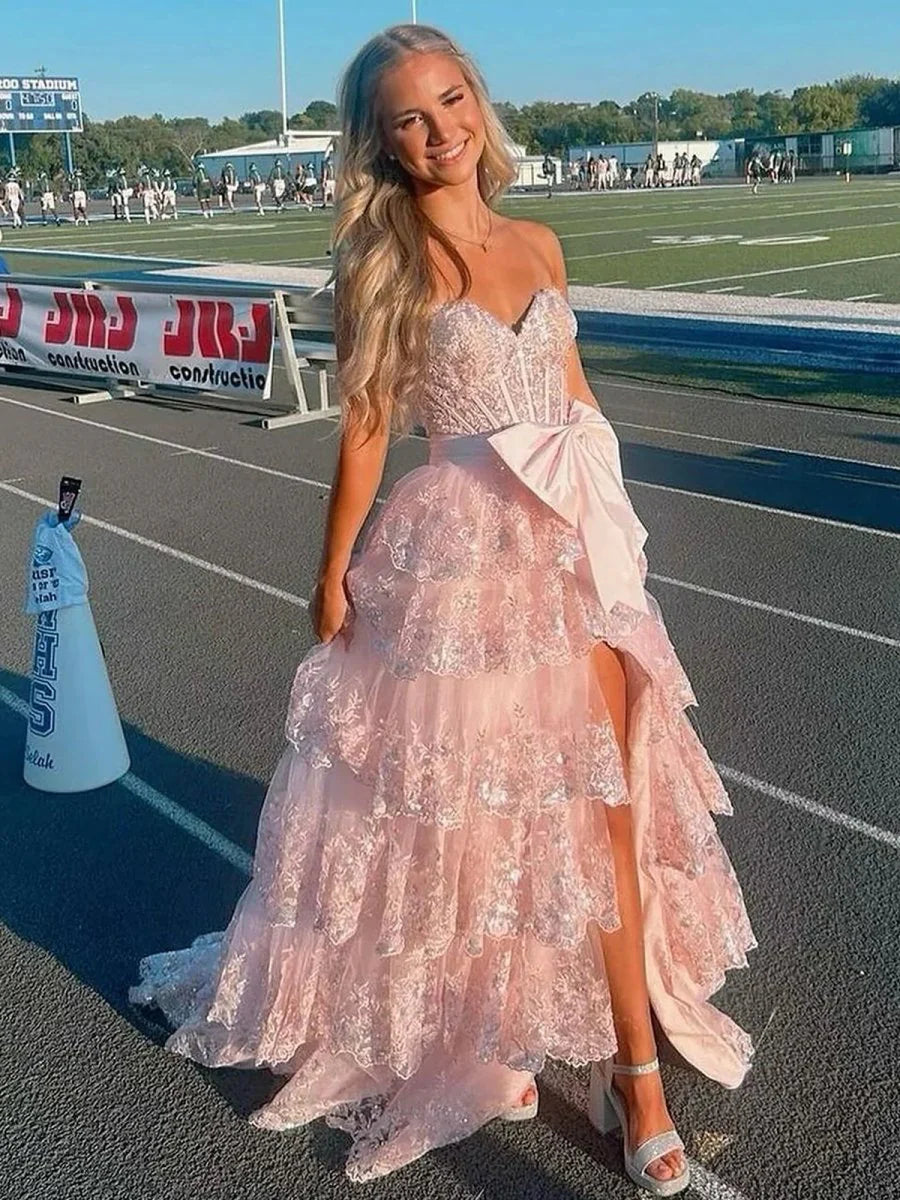 Glamorous A-Line Sweetheart Neck Sleeveless Tiered Sequin Ruffles Lace High-Slit Floor-Length Long Prom Dresses with Bow