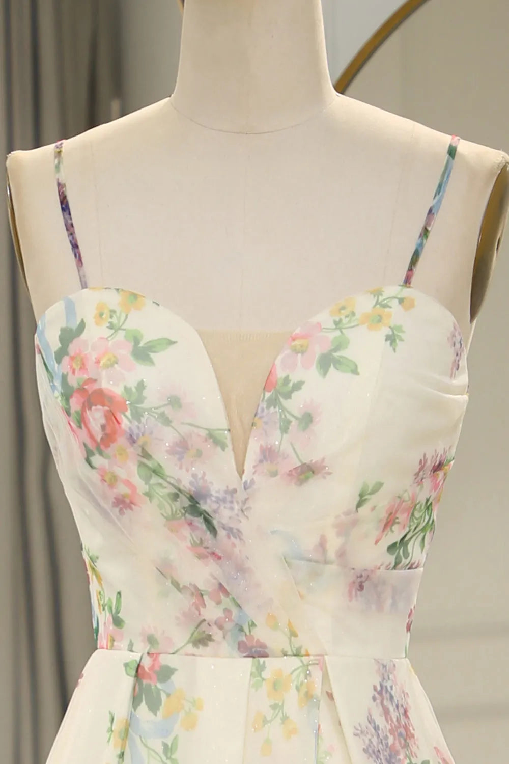 Glamorous A-Line Sweetheart Neck Spaghetti Strap Watercolor Floral High Slit Sweep/Brush Train Prom Dress