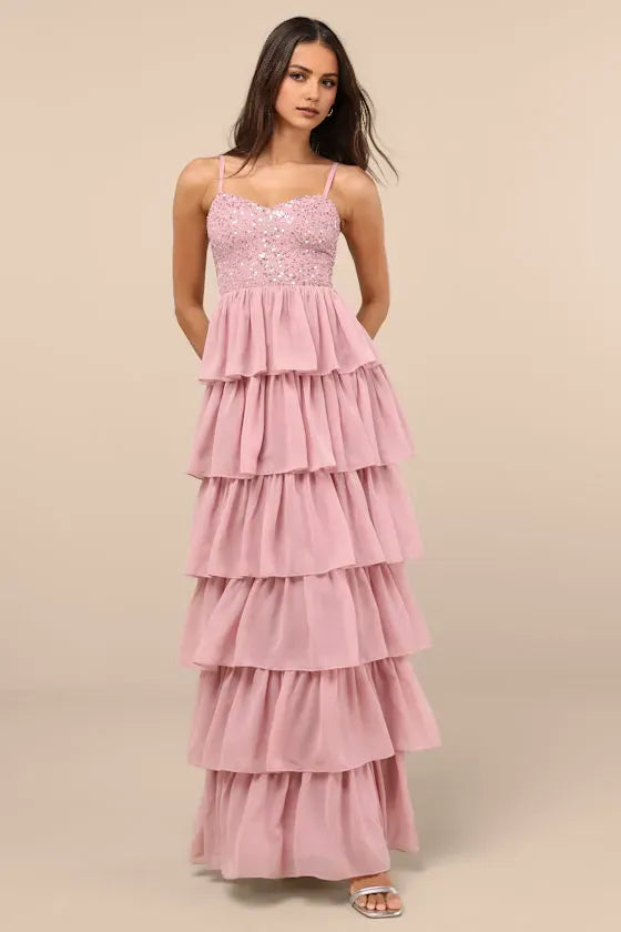 Glamorous A-Line Sweetheart Neck Spaghetti Straps Open-Back Ankle-Length Tiered Sequin Prom Dress